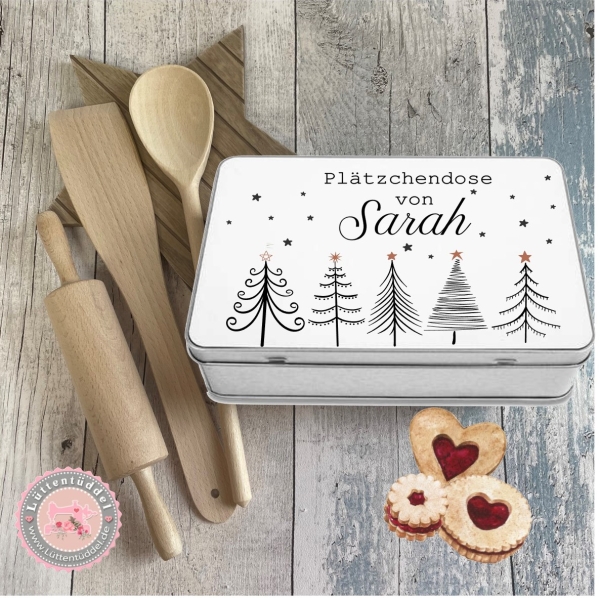 zuckersüße KEKSDOSE Plätzchendose mit Name personalisiert  Weihnachten Tannenbäume Geschenke von Lüttentüddel®